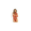Body rouge en résille maille large et dentelle ras le cou, manches longues 